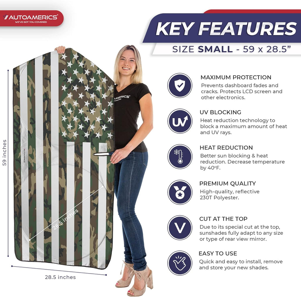 Autoamerics 1-Piece Windshield Sun Shade ERDL Camo American Flag USA  - Foldable Car Front Window Sunshade for Most Sedans SUV Truck - Blocks Max UV Rays and Keeps Your Vehicle Cool - Small