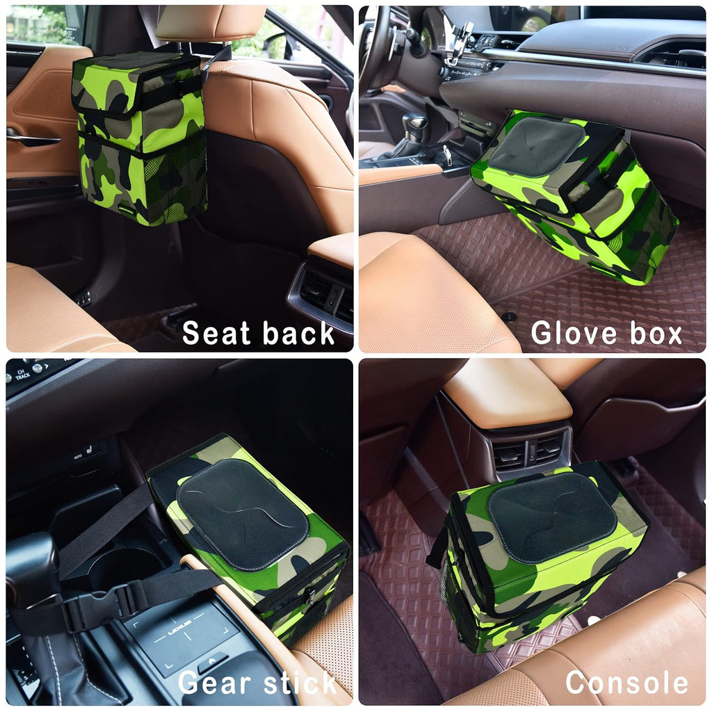 SIBOFUEGO Cute Car Trash Can with Lid - Leak Proof Car Trash Bag Hanging Waterproof Car Garbage Can with Storage Pockets Multipurpose Collapsible Car Organizer (Camo Green)