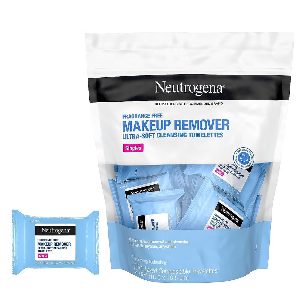 Neutrogena Fragrance-Free Makeup Remover Cleansing Towelette Singles, Individually-Wrapped Daily Face Wipes to Remove Dirt, Oil, Makeup &amp; Waterproof Mascara for Travel &amp; On-the-Go, 20 ct (Pack of 6)