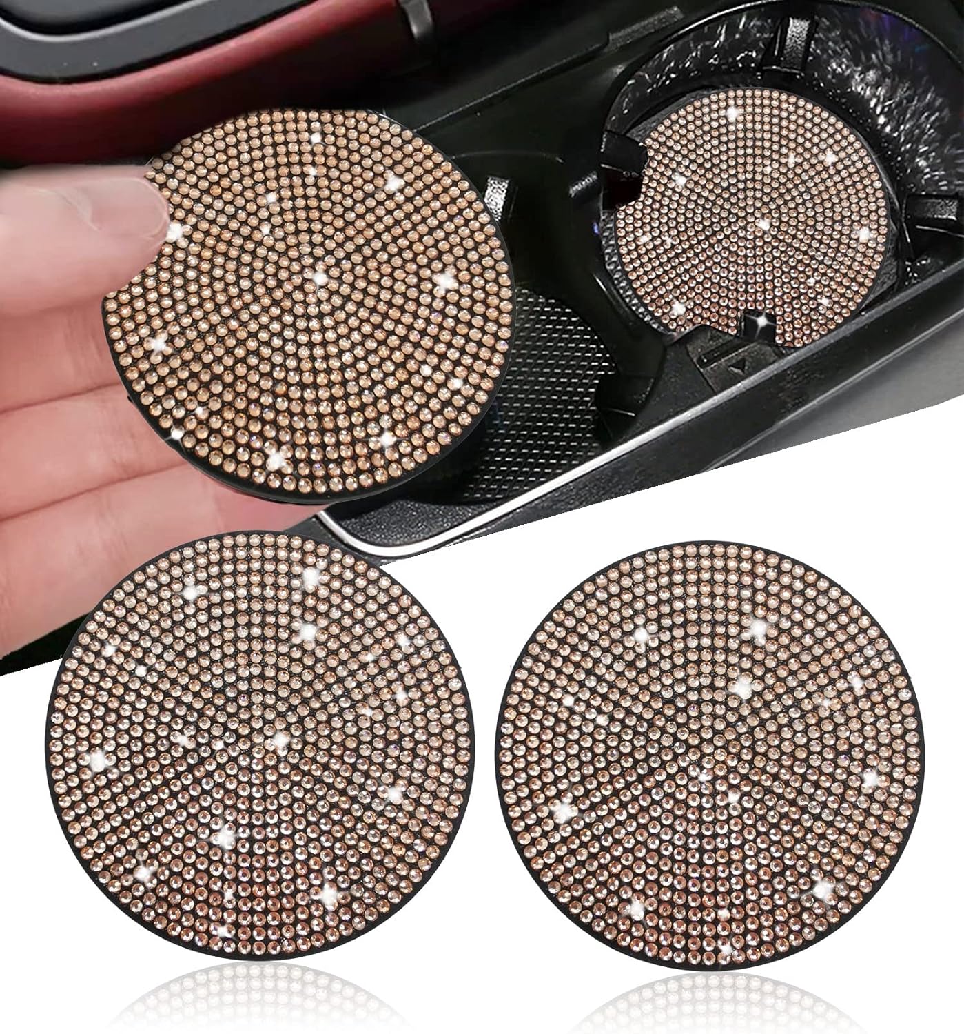 2pcs Bling Car Cup Holder Coaster, 2.75 inch Anti-Slip Shockproof Universal Fashion Vehicle Car Coasters Insert Bling Rhinestone Auto Automotive Interior Accessories for Women (2 pcs, Gold Champagne)