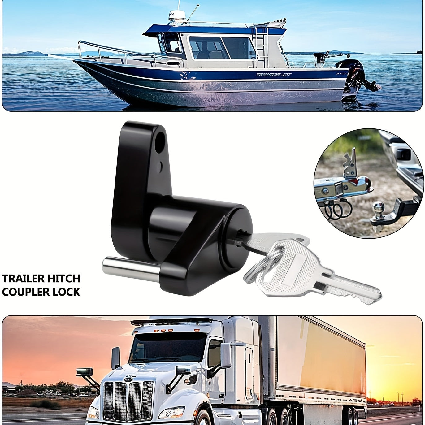 Black Trailer Hitch Coupler Lock, Dia 1/4 Inch