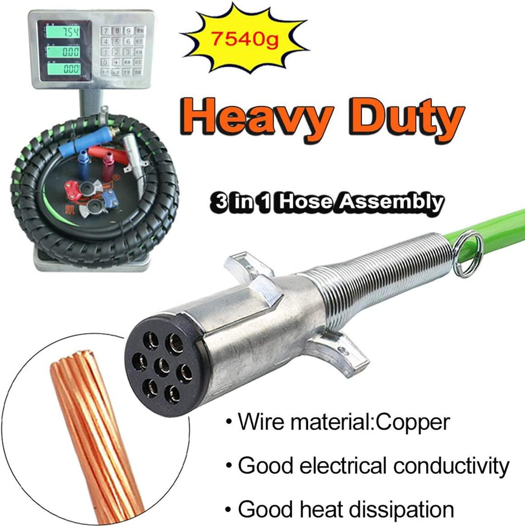 KOOTANS 15Ft 3 in 1 ABS 7 Way Electrical Cable and Rubber Air Line Hose Wrap Assembly with Aluminum Service Emergency Glad Hands and Extension Handles for Semi Truck Trailer Tractor