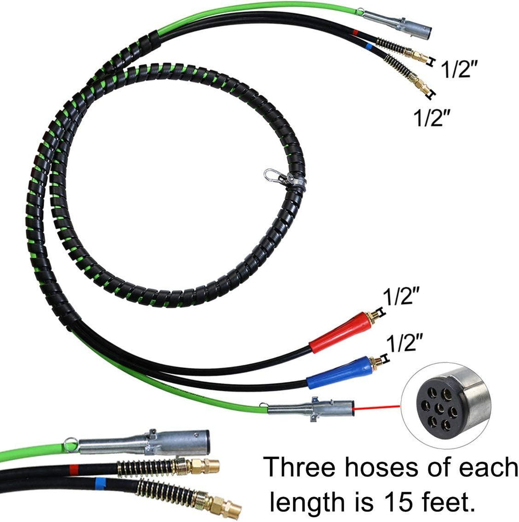 KOOTANS 15Ft 3 in 1 ABS 7 Way Electrical Cable and Rubber Air Line Hose Wrap Assembly with Aluminum Service Emergency Glad Hands and Extension Handles for Semi Truck Trailer Tractor