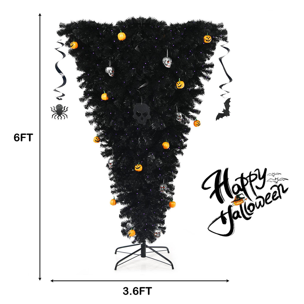 Gymax 6FT Pre-lit Upside Down Black Halloween Tree Artificial Christmas Tree