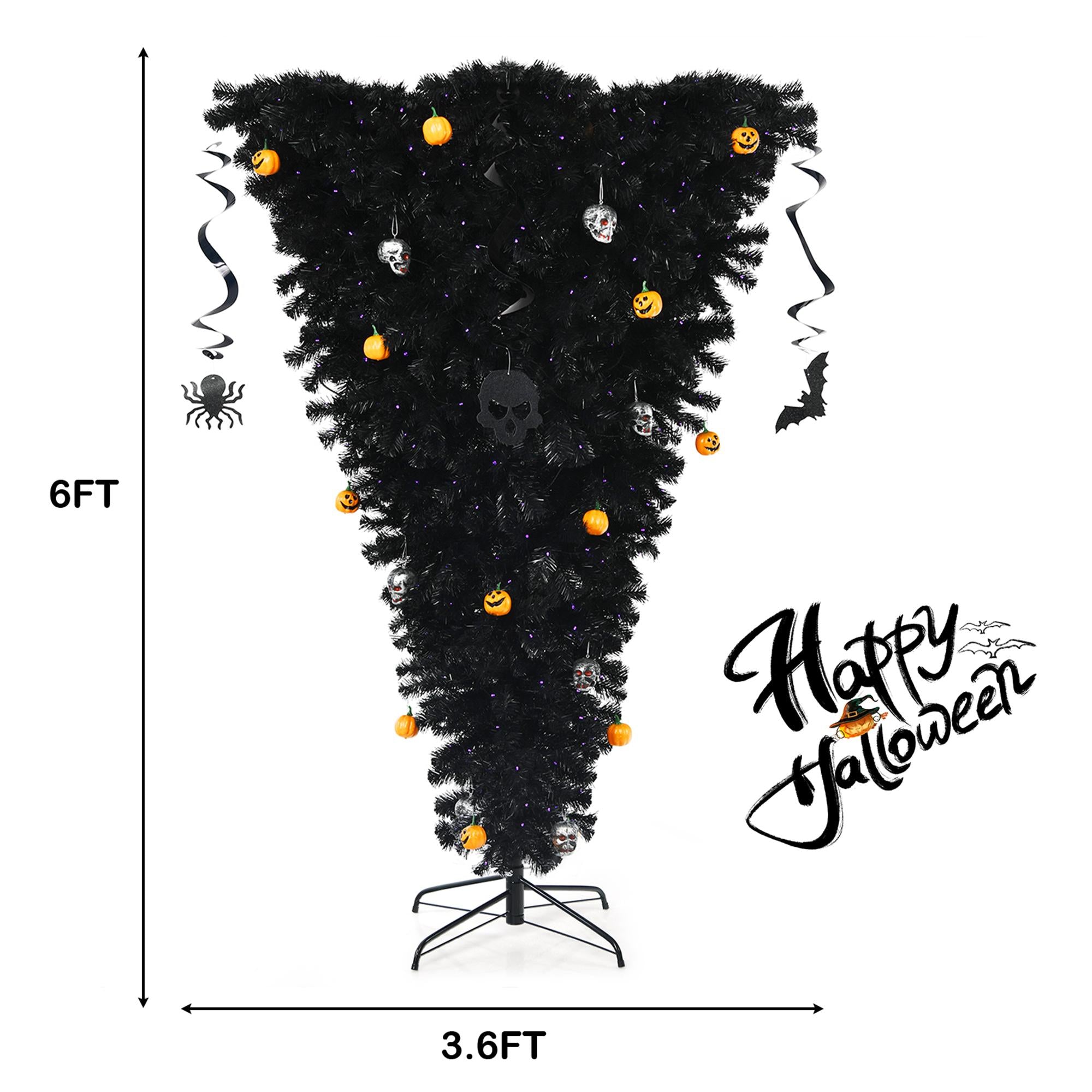 Gymax 6FT Pre-lit Upside Down Black Halloween Tree Artificial Christmas Tree