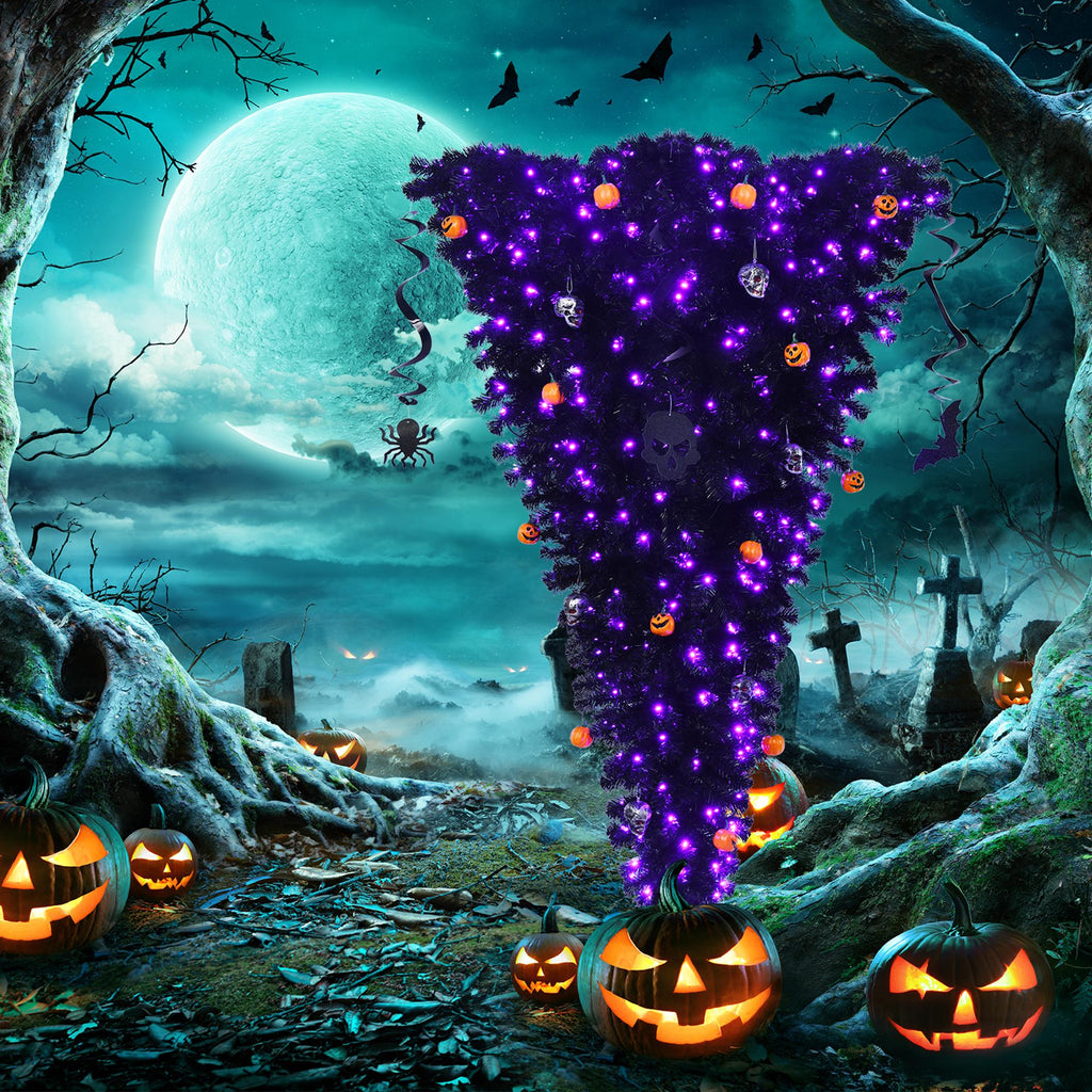 Gymax 6FT Pre-lit Upside Down Black Halloween Tree Artificial Christmas Tree