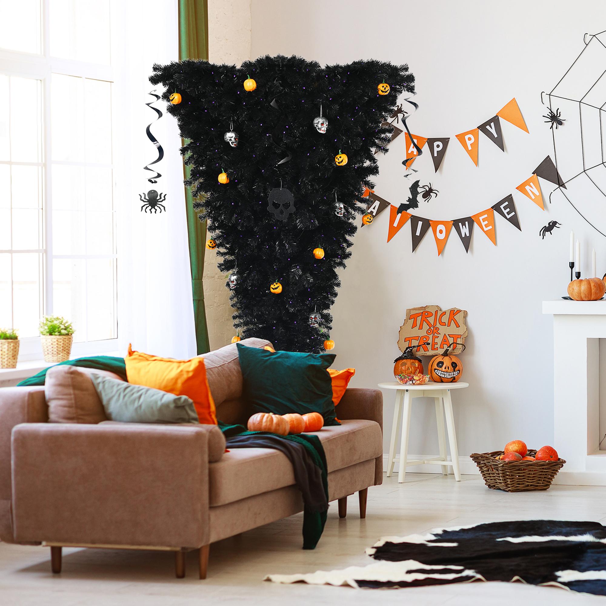 Gymax 6FT Pre-lit Upside Down Black Halloween Tree Artificial Christmas Tree
