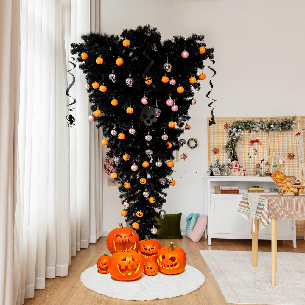 Gymax 6FT Pre-lit Upside Down Black Halloween Tree Artificial Christmas Tree