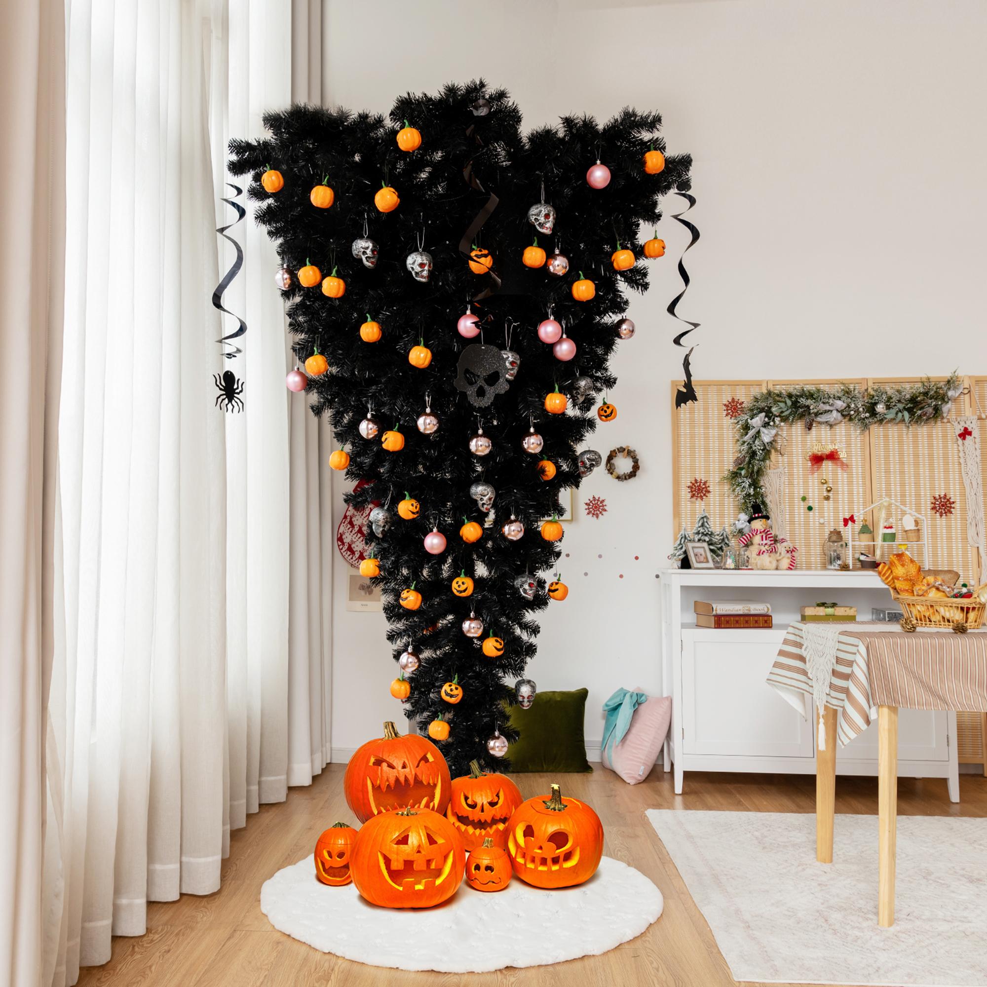 Gymax 6FT Pre-lit Upside Down Black Halloween Tree Artificial Christmas Tree