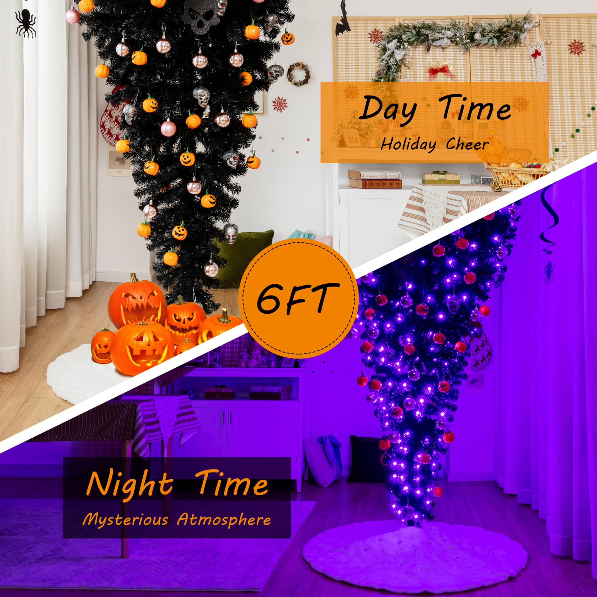 Gymax 6FT Pre-lit Upside Down Black Halloween Tree Artificial Christmas Tree