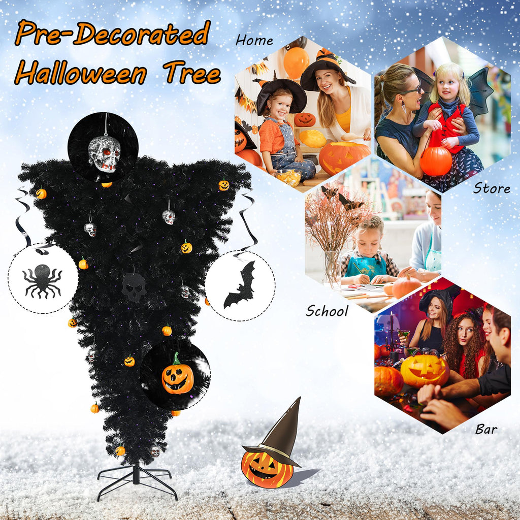 Gymax 6FT Pre-lit Upside Down Black Halloween Tree Artificial Christmas Tree