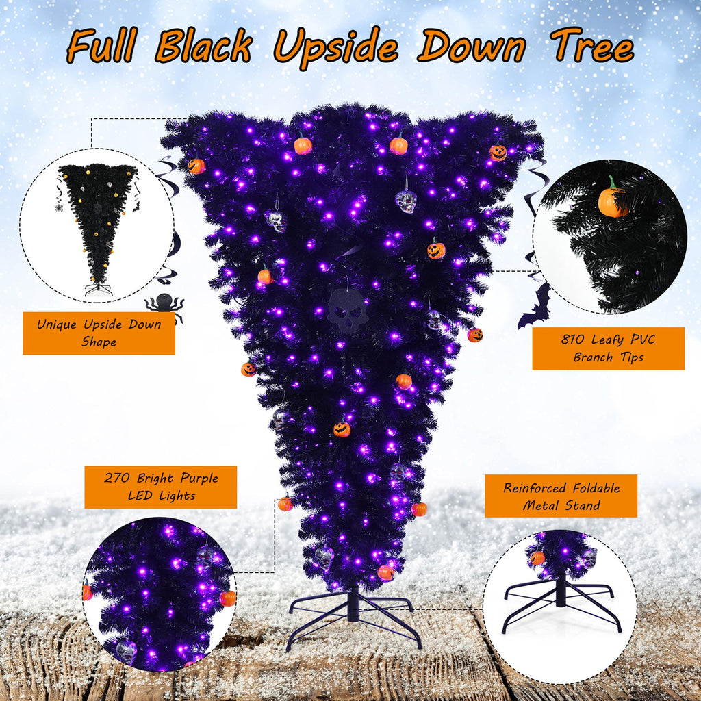 Gymax 6FT Pre-lit Upside Down Black Halloween Tree Artificial Christmas Tree