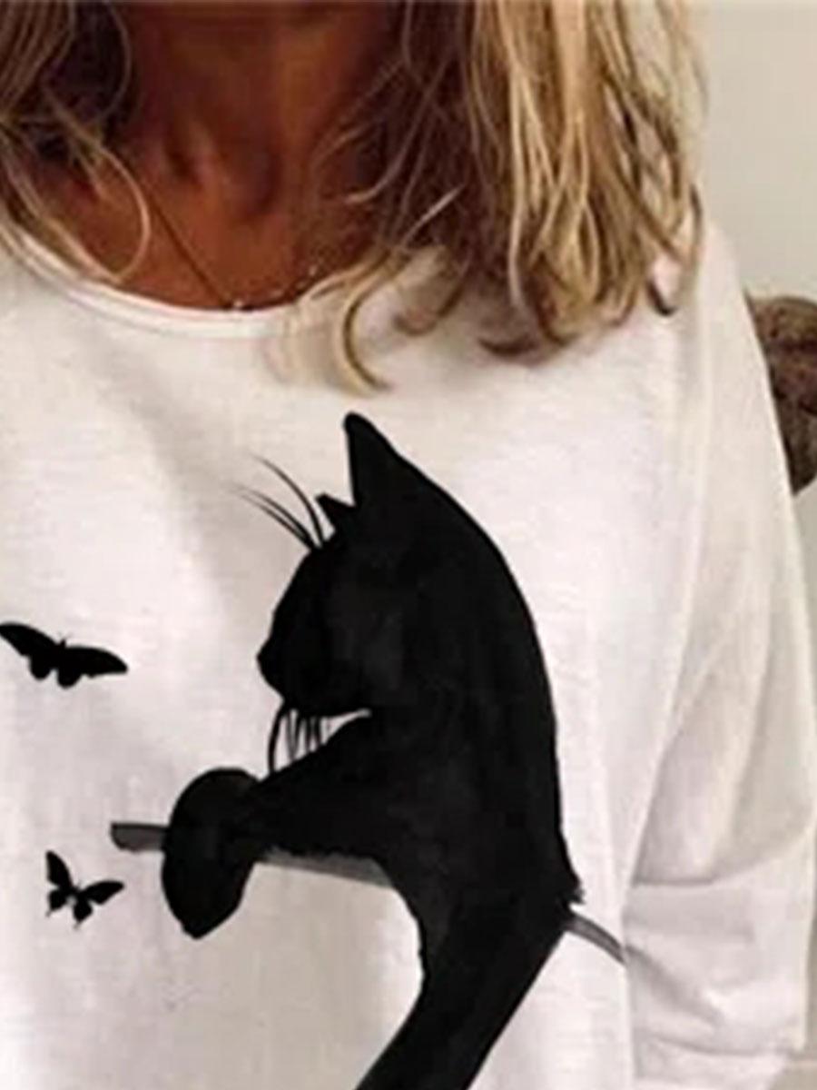 Cat Print Fashion Round Neck Long Sleeve Casual T-shirt
