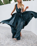 solid color v-neck mid-waist sleeveless gown