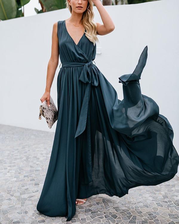 solid color v-neck mid-waist sleeveless gown