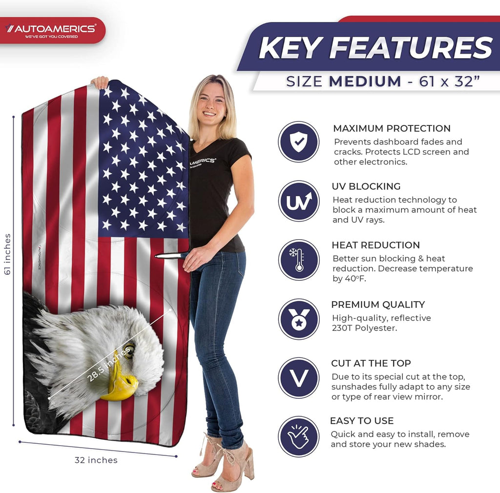 Autoamerics 1-Piece Windshield Sun Shade American Eagle Flag USA Patriotic  - Foldable Car Front Window Sunshade for Sedans SUV Truck - Blocks Max UV Rays and Keeps Your Vehicle Cool Medium