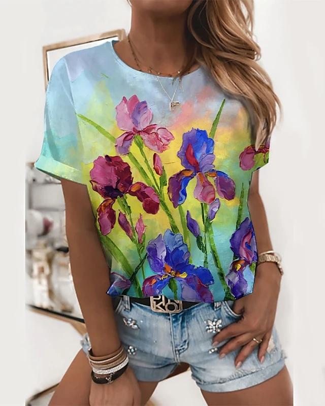 Womens Casual Crew Neck Print Short Sleeve Tops