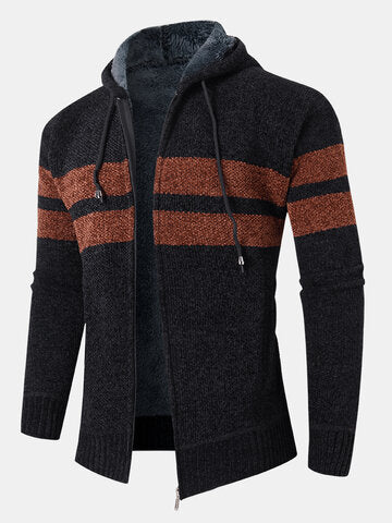 mens wide striped knit zip up plush lined thick hooded cardigans