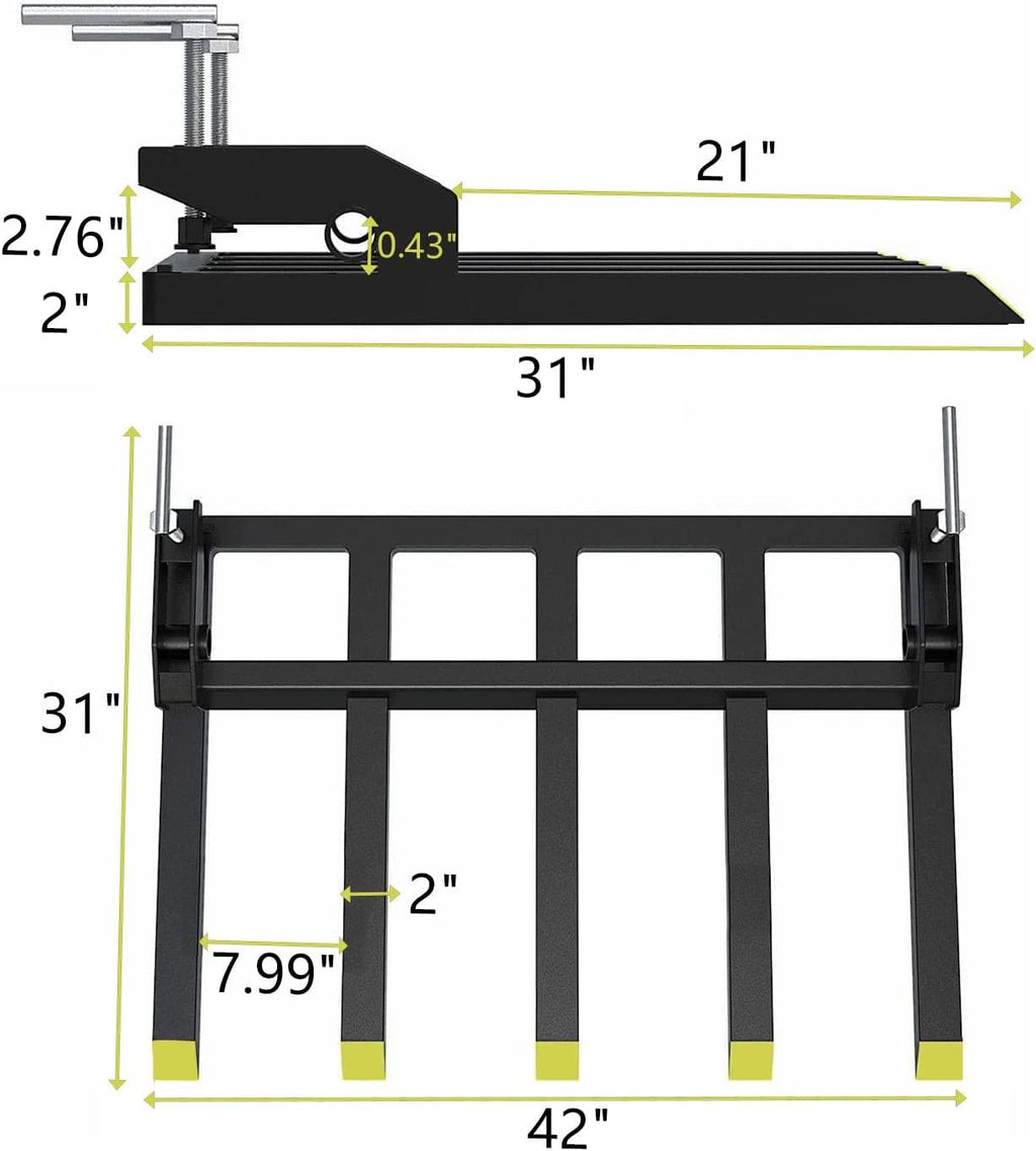 Clamp-on Debris Fork Attaches to a 48" Tractor Bucket to Clean up Fallen Limbs, Debris, or Yard Wwaste.