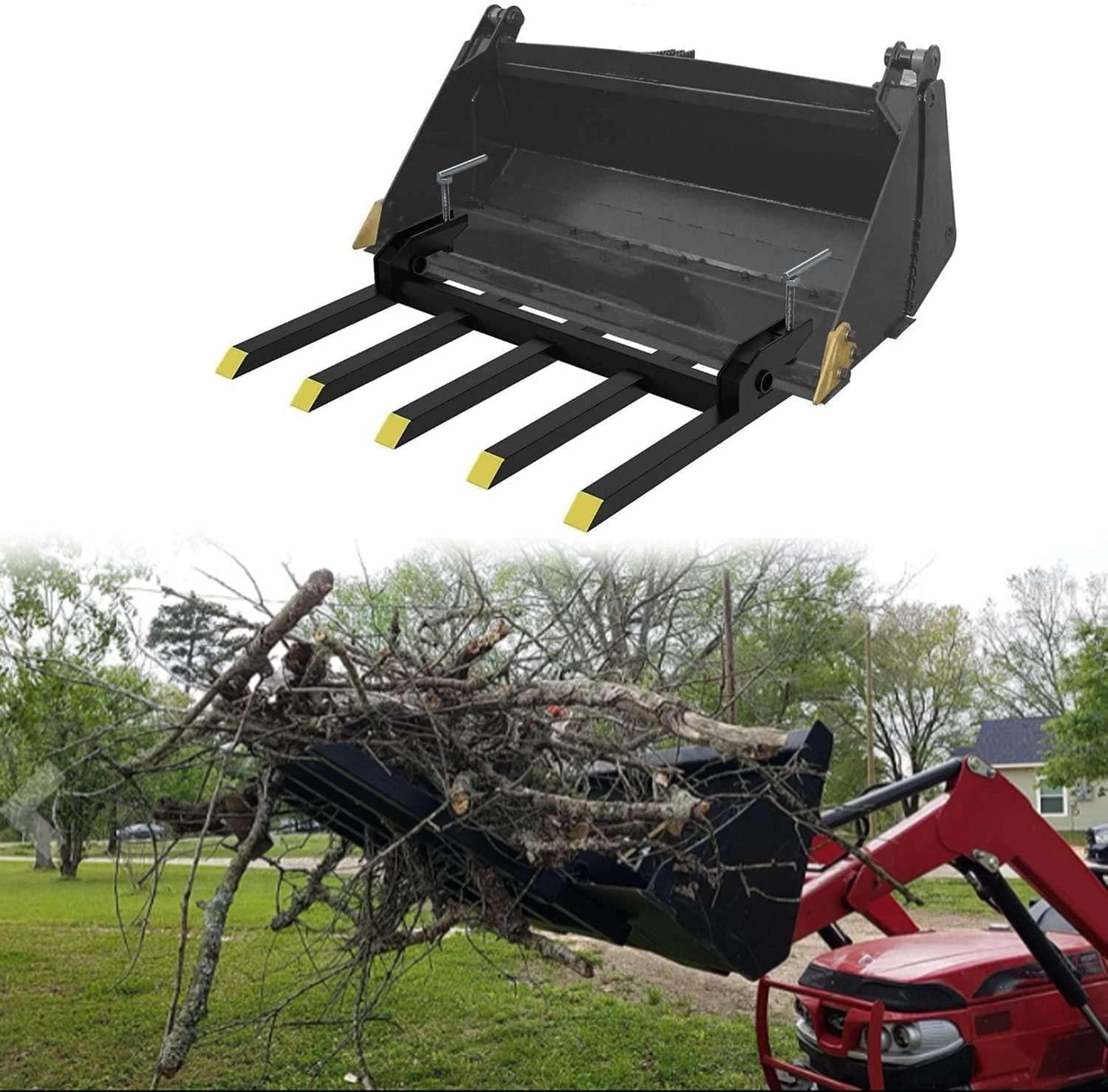 Clamp-on Debris Fork Attaches to a 48" Tractor Bucket to Clean up Fallen Limbs, Debris, or Yard Wwaste.