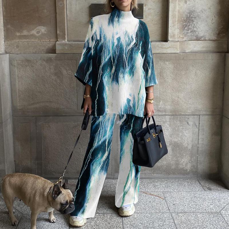 Women's Fashion Color Block Print Drop Shoulder Three-quarter Sleeve Suit