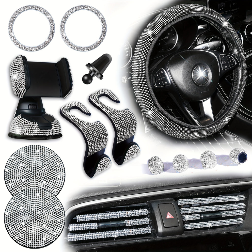 18pcs/set Light Luxury Hot Artificial Diamond Car Interior Set Crystal Steering Wheel Cover Mobile Phone Holder Women Car Interior Accessories