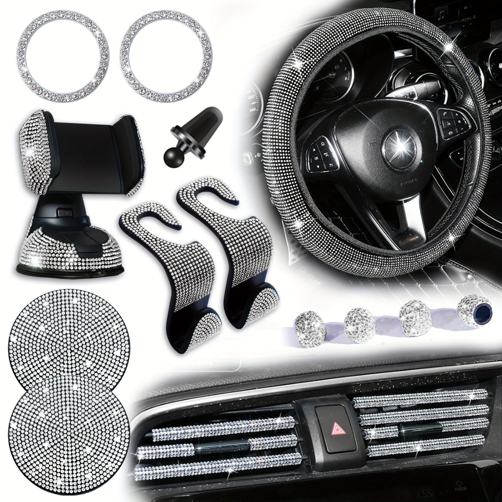 18pcs/set Light Luxury Hot Artificial Diamond Car Interior Set Crystal Steering Wheel Cover Mobile Phone Holder Women Car Interior Accessories
