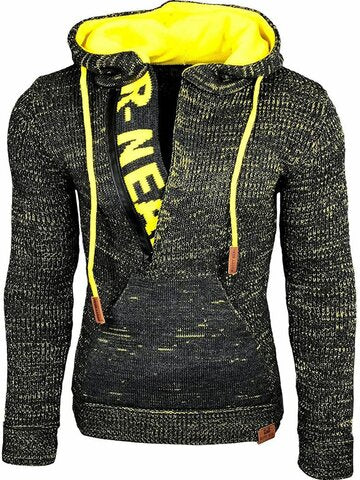 mens letter v-neck zip knit pullover casual drawstring hooded sweaters