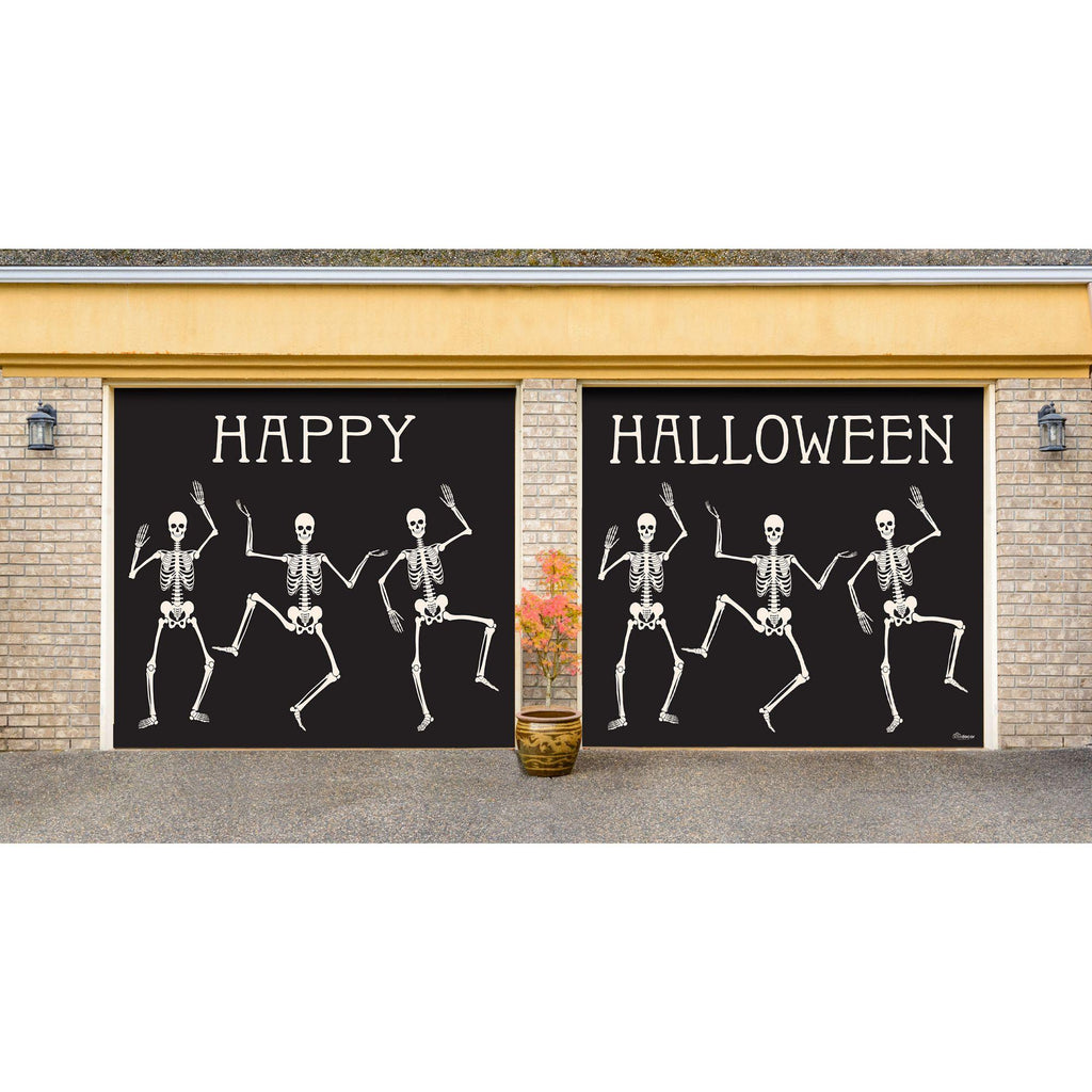 7' x 8' Black and White SkelDancing Halloween Split Car GaraDoor Banner