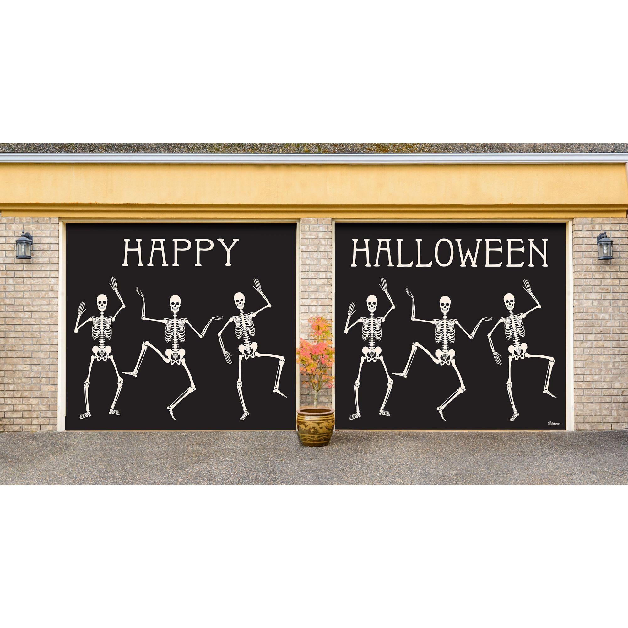 7' x 8' Black and White SkelDancing Halloween Split Car GaraDoor Banner