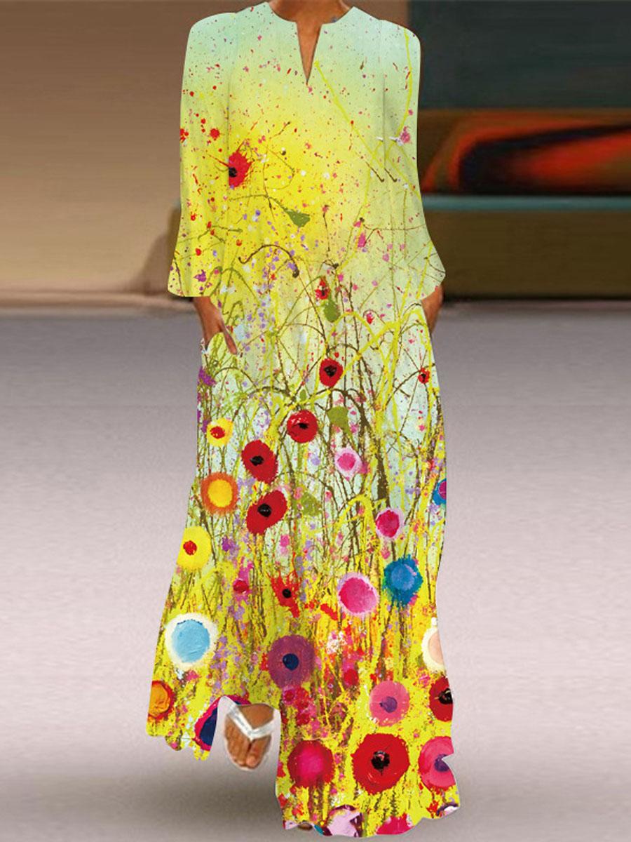 V-neck Floral Print Casual Long Sleeve Maxi Dress