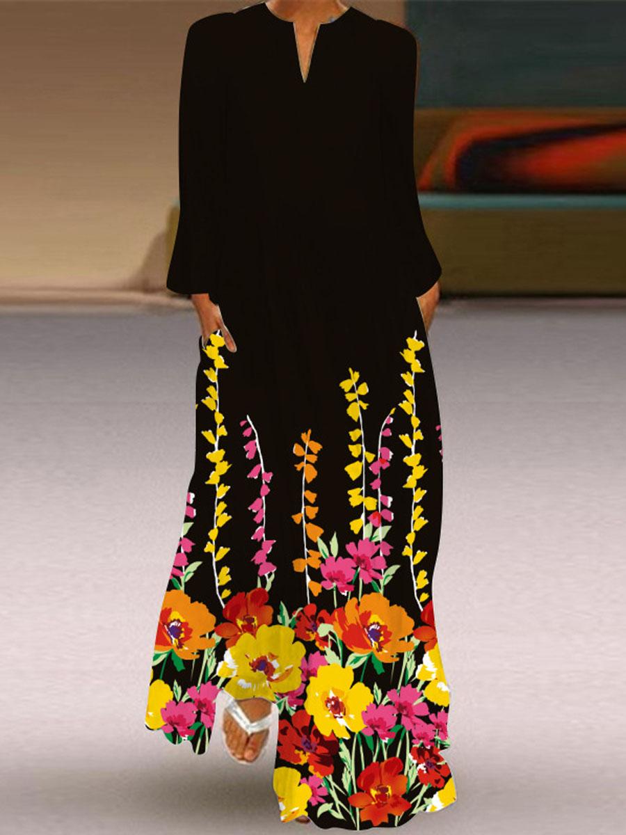 V-neck Floral Print Casual Long Sleeve Maxi Dress