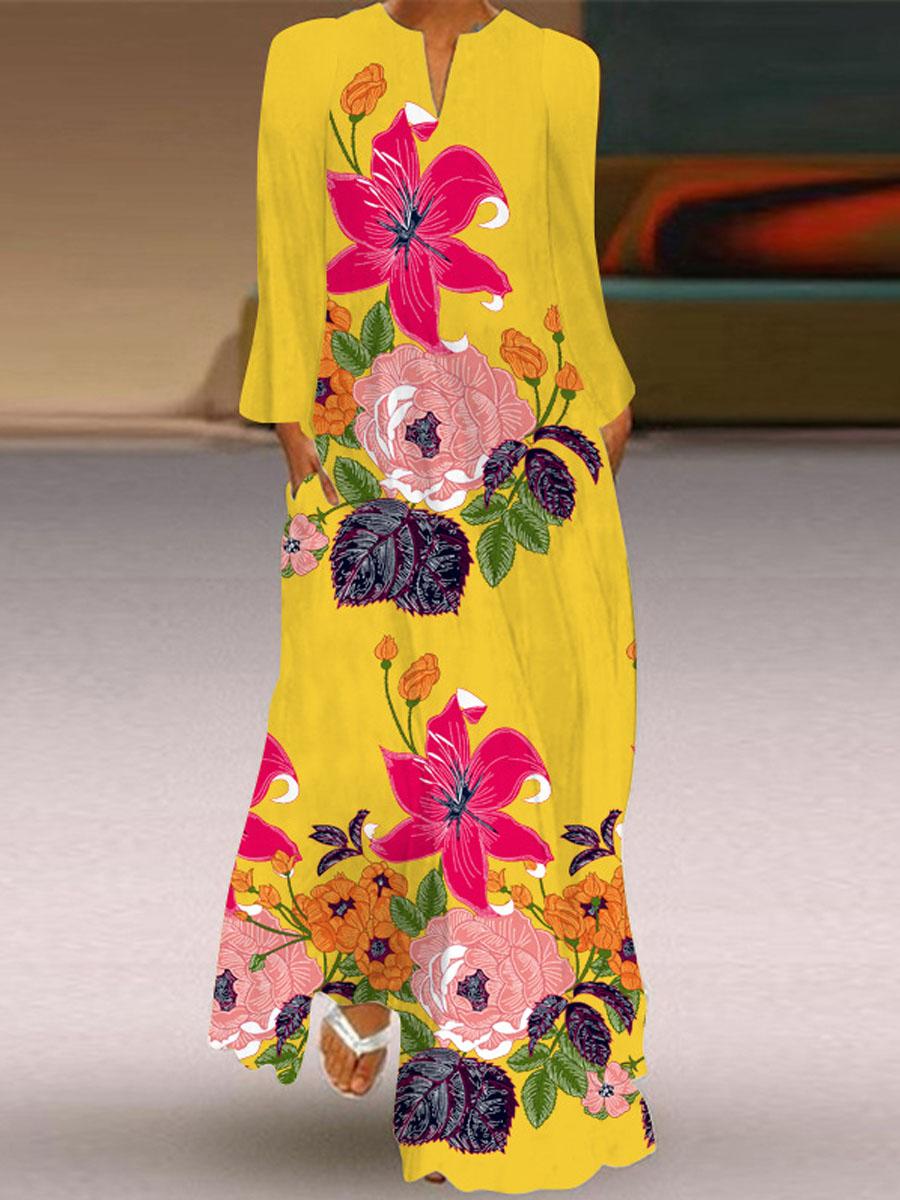 V-neck Floral Print Casual Long Sleeve Maxi Dress