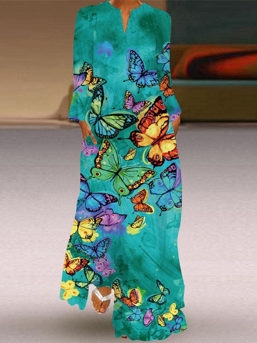 V-neck Floral Print Casual Long Sleeve Maxi Dress