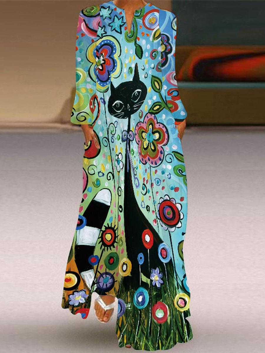 V-neck Floral Print Casual Long Sleeve Maxi Dress