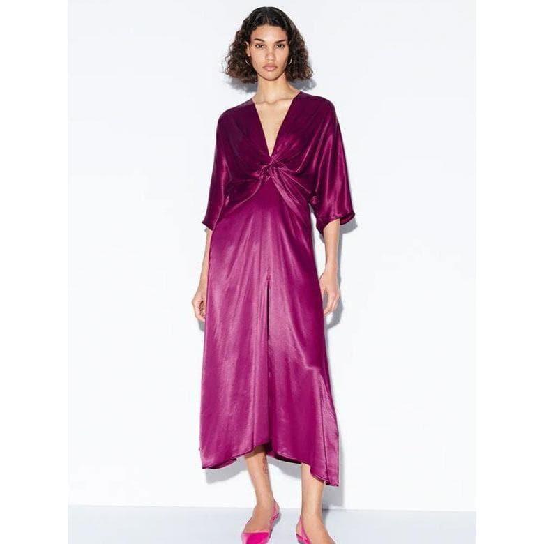half sleeve satin midi dress