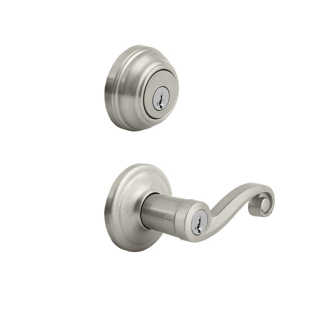 Lido Satin Nickel Exterior Entry Door Lever and Single Cylinder Deadbolt Combo Pack Featuring SmartKey Security