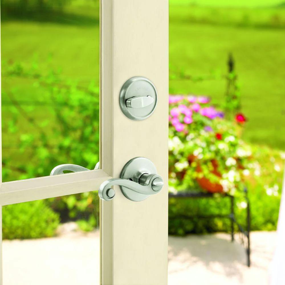 Lido Satin Nickel Exterior Entry Door Lever and Single Cylinder Deadbolt Combo Pack Featuring SmartKey Security