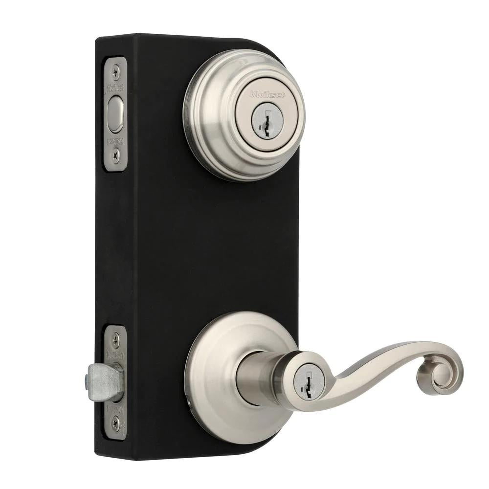 Lido Satin Nickel Exterior Entry Door Lever and Single Cylinder Deadbolt Combo Pack Featuring SmartKey Security