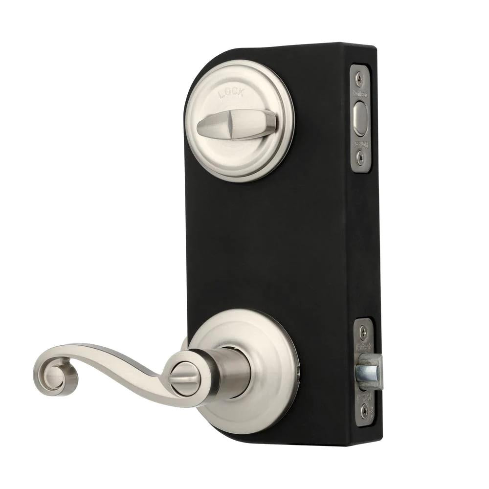 Lido Satin Nickel Exterior Entry Door Lever and Single Cylinder Deadbolt Combo Pack Featuring SmartKey Security