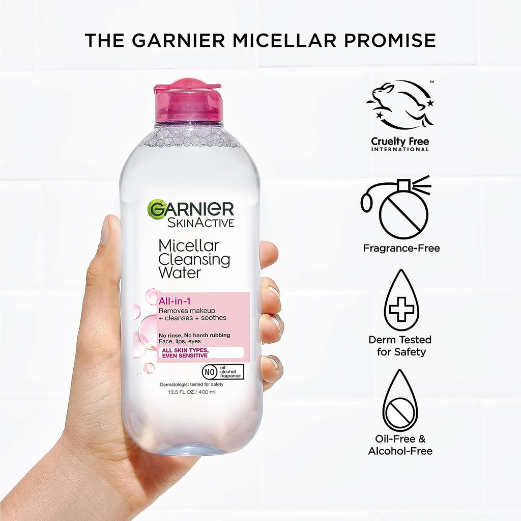 Garnier SkinActive Micellar Cleansing Water, All-in-1 Makeup Remover and Facial Cleanser, For All Skin Types, 3.4 Fl Oz (100mL), 1 Count (Packaging May Vary)