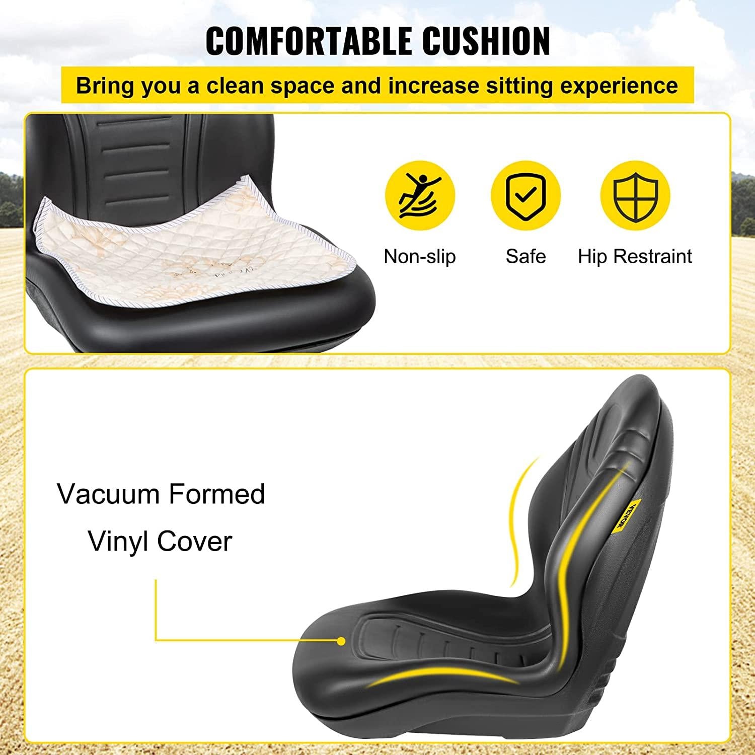 Universal Tractor Seat Replacement 2 Pcs Compact High Back Mower Seat, Black Vinyl Forklift Seat, Central Drain Hole Skid Steer Seat with Mounting Bolt Patterns of 8" x 11.5" & 11.25" x 11.5"