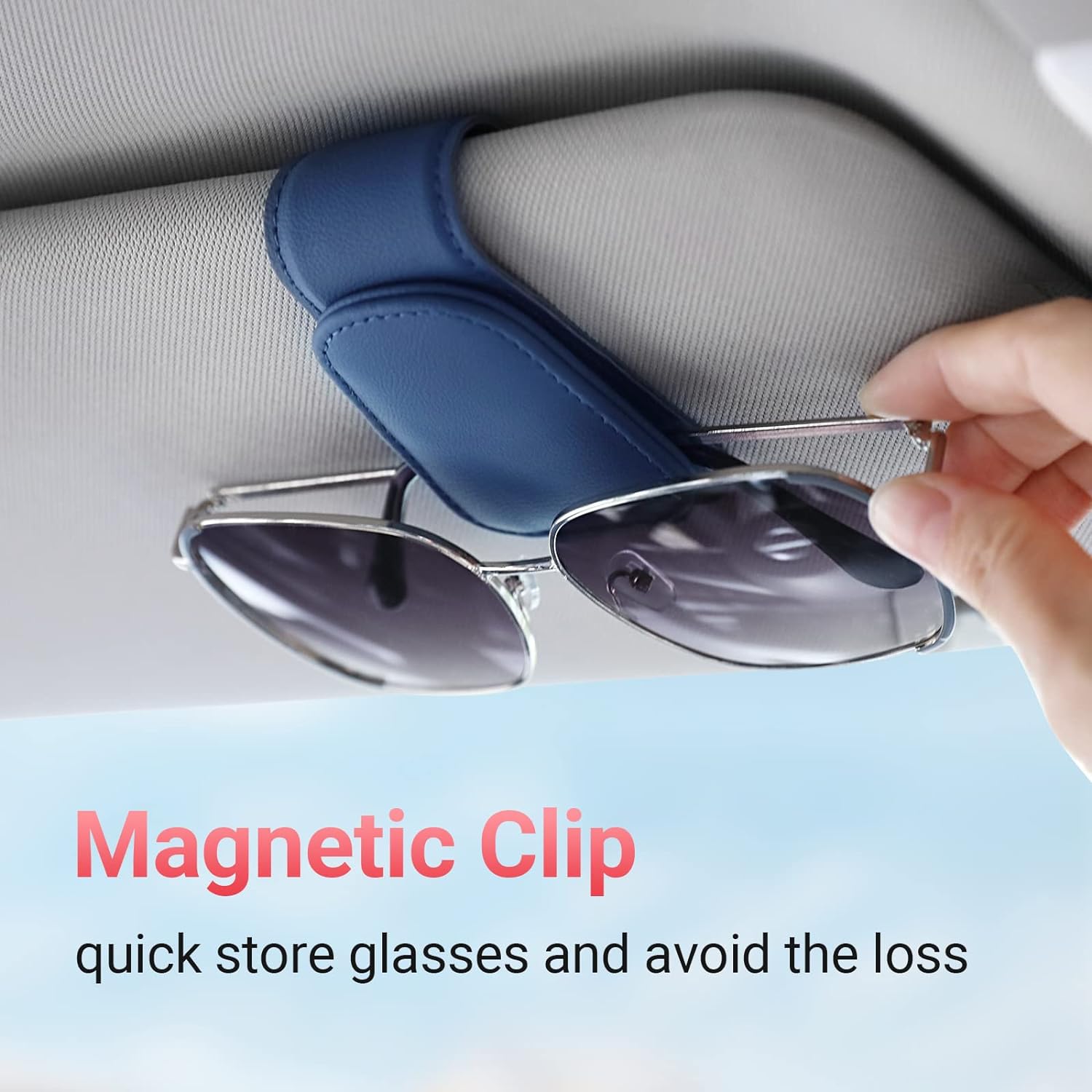 KanSmart Sunglass Holder for Car Visor Sunglasses Clip Magnetic Leather Glasses Eyeglass Holder Truck Car Interior Accessories Universal for Woman Man -Blue