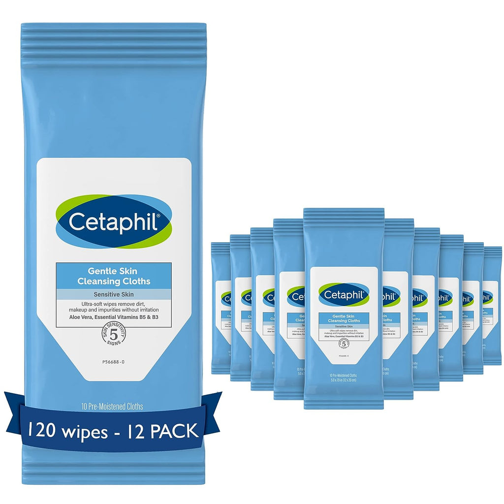Cetaphil Face And Body Wipes, Gentle Skin Cleansing Cloths, , For Dry, Sensitive Skin, Flip Top Closure, Great For The Gym,Travel, In The Car, Hypoallergenic, Fragrance Free, 10 Count (Pack Of 12)
