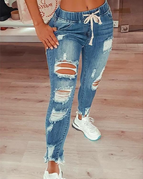 fashion casual solid ripped mid waist regular jeans
