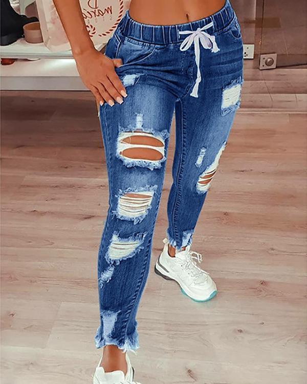 fashion casual solid ripped mid waist regular jeans