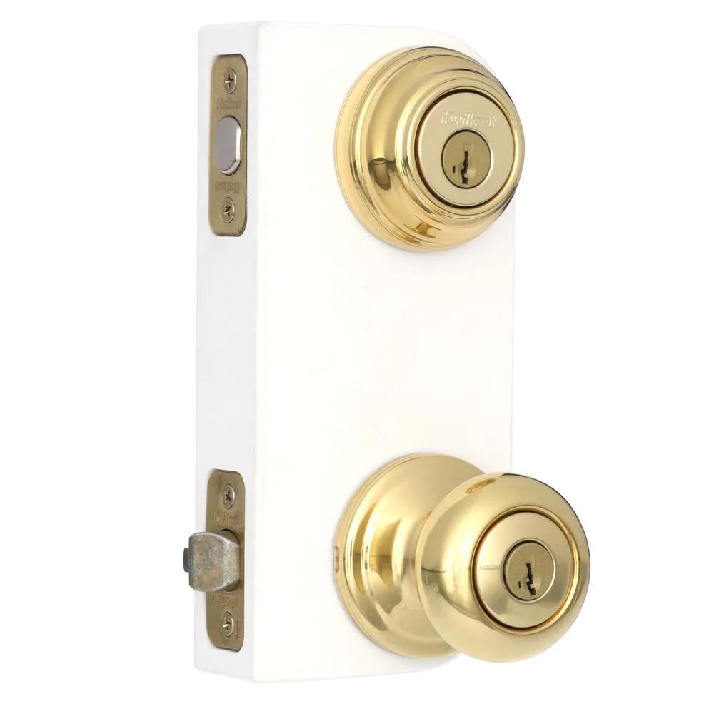 Juno Polished Brass Exterior Entry Door Knob and Single Cylinder Deadbolt Combo Pack Featuring SmartKey Security