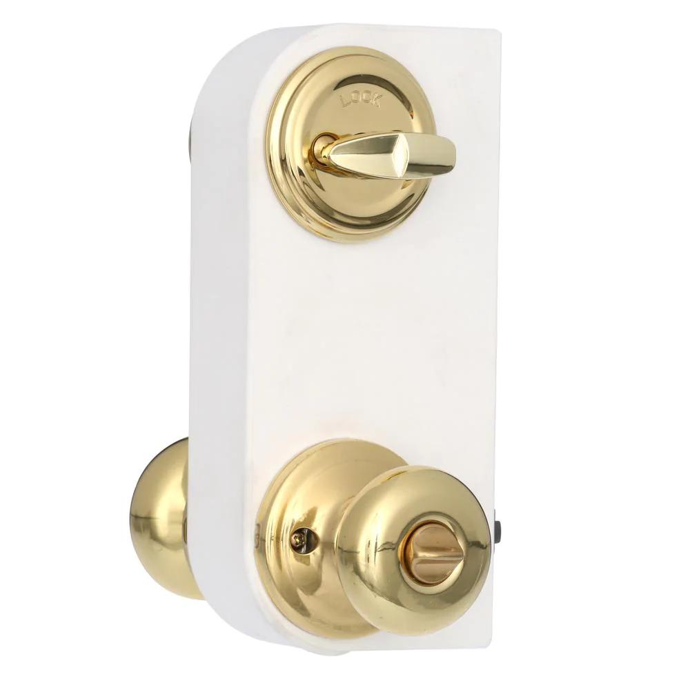 Juno Polished Brass Exterior Entry Door Knob and Single Cylinder Deadbolt Combo Pack Featuring SmartKey Security