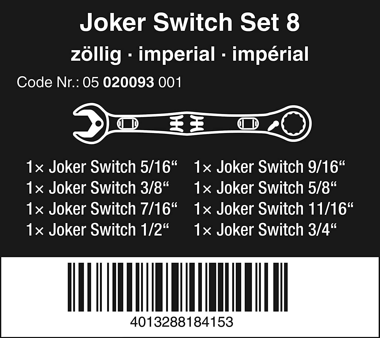 W05020093001 Joker Set of Ratcheting Combination Wrenches, Imperial, 8 Pieces