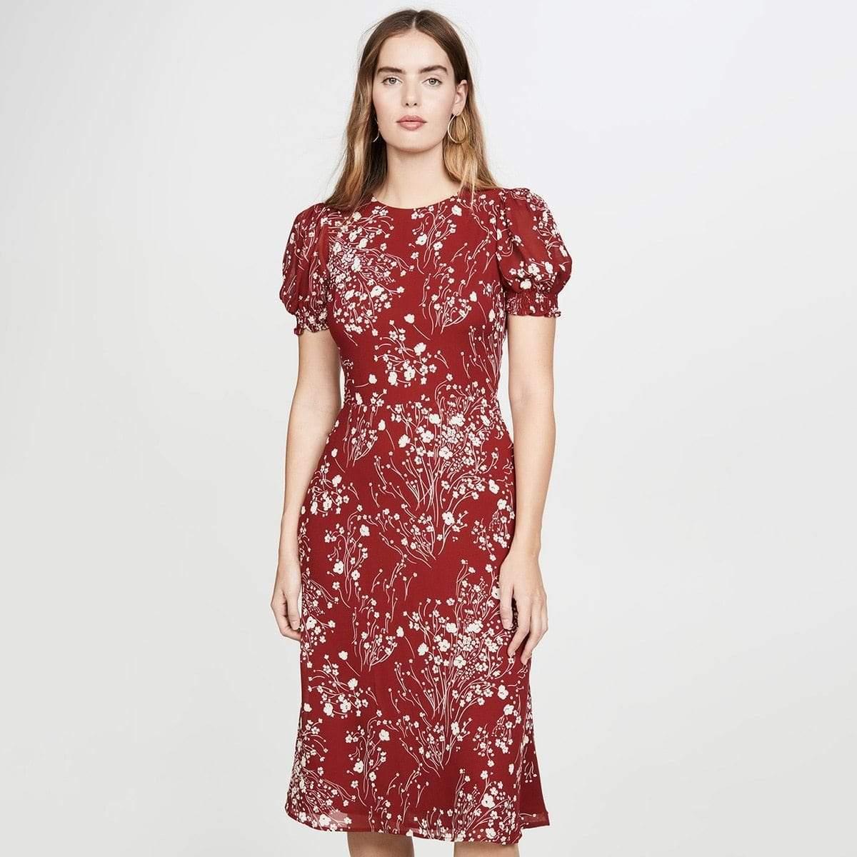 puff sleeve floral midi dress